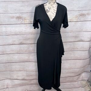 J. Peterman Dress Faux Wrap Rhinestones Vintage Black LBD Size 4 Ruching